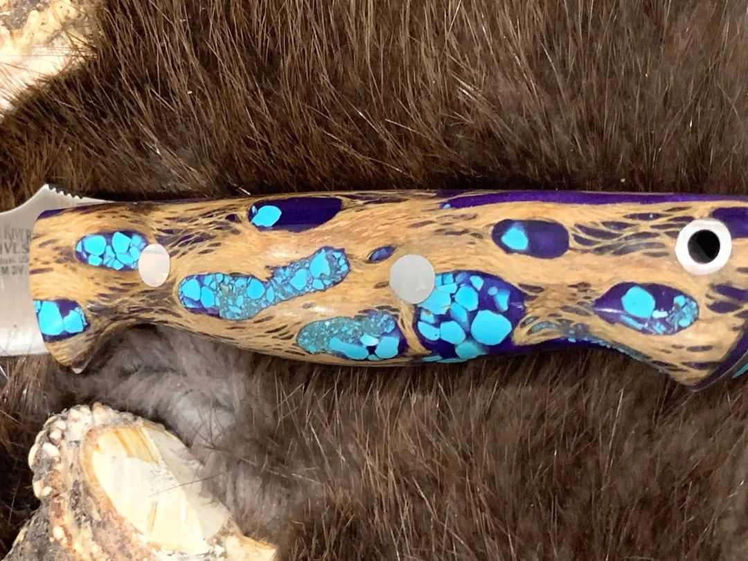 New ✨ BARK RIVER KNIVES Bark River Gunny CPM 3V Knife Purple Cholla Cactus Handles With Turquoise 💯 4 BARK RIVER KNIVES Bark River Gunny CPM 3V Knife Purple Cholla Cactus Handles With Turquoise