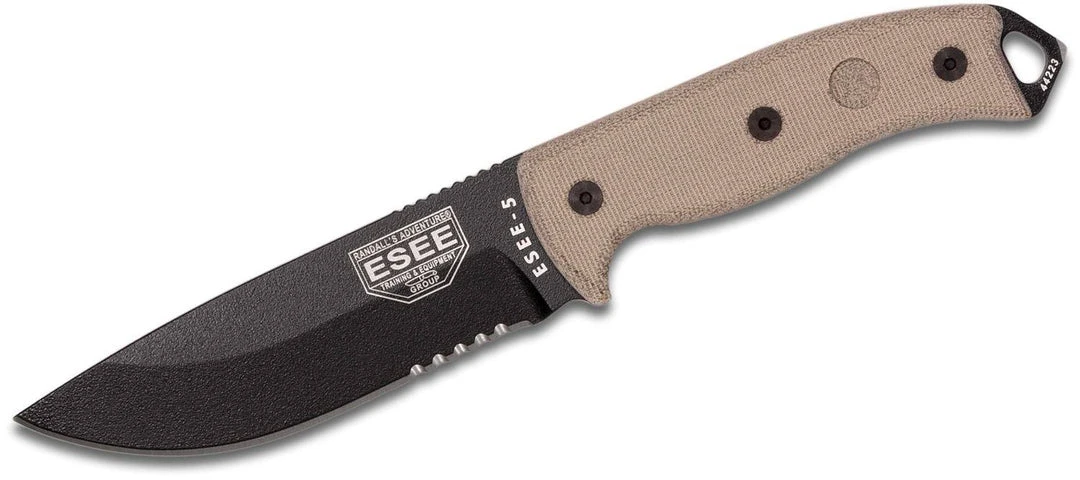 Promo ๐ All Knife Brands ESEE 5 Partially Serrated Edge, Tan Micarta Handles, Black Sheath ESEE-5S-E ๐ 3 All Knife Brands ESEE 5 Partially Serrated Edge, Tan Micarta Handles, Black Sheath ESEE-5S-E