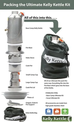 Water Filtration Kelly Kettle Ultimate Base Camp Kit 54 Oz Large Stainless Camp Kettle W/ Stove For Fishing, Hunting, Hiking