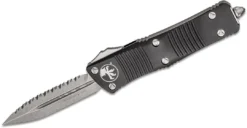 All Knife Brands Microtech 138-12 Troodon D/E F/S - Black Handle - Full Serrations - Stonewash Blade