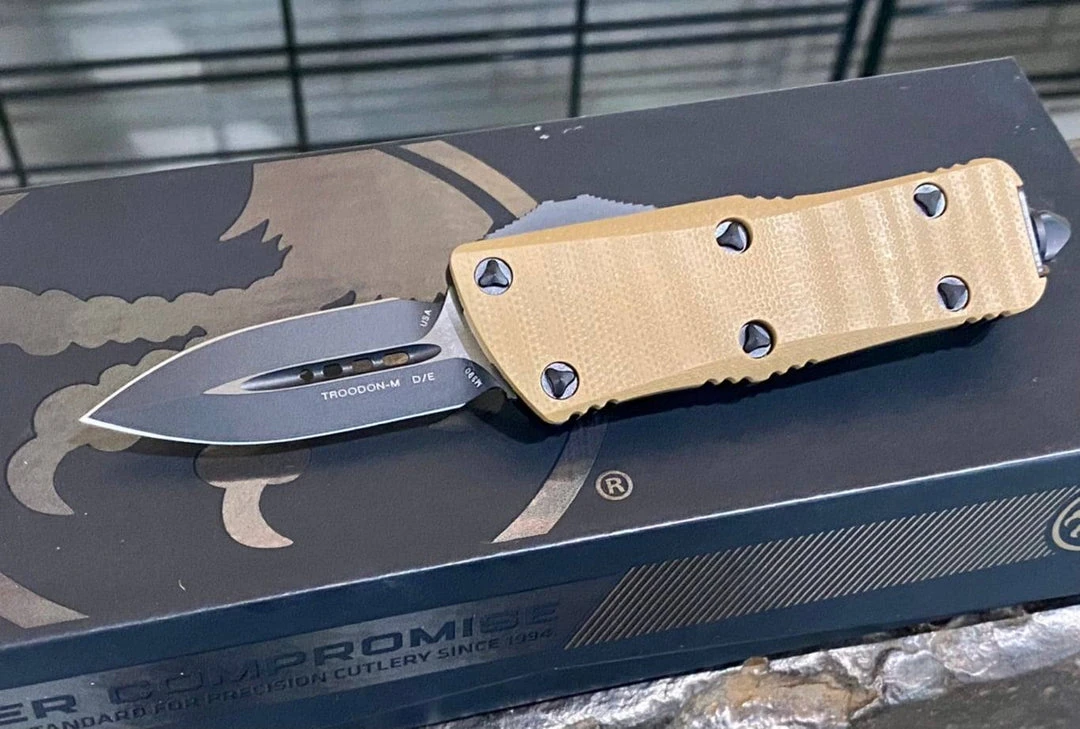 Promo 🌟 All Knife Brands Microtech 238-1GTTAS Troodon Mini 1.99" D/E SS Tan G10 OTF Auto Knife 🎁 3 All Knife Brands Microtech 238-1GTTAS Troodon Mini 1.99" D/E SS Tan G10 OTF Auto Knife