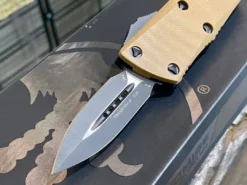 All Knife Brands Microtech 238-1GTTAS Troodon Mini 1.99" D/E SS Tan G10 OTF Auto Knife